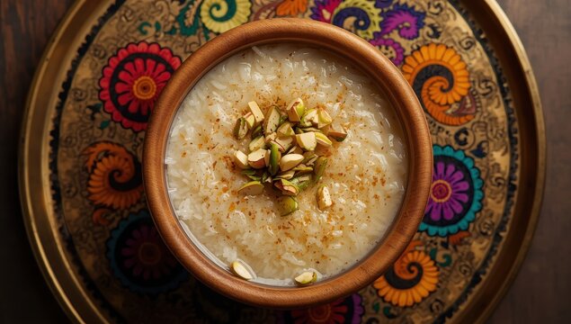 Samak Rice Kheer is a favored Indian dessert, particularly during Navratri, served in a wooden bowl on a tray.