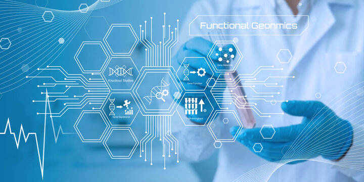 Scientist using digital interface showcasing functional genomics research with DNA and data visualization elements