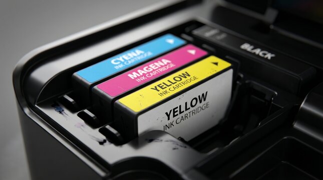 CMYK ink cartridges for printer: cyan, magenta, yellow. Close view of color ink storage inside modern printing machine.