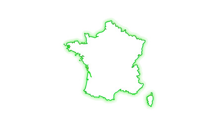 Fototapeta premium France Outline Map Neon Glow Green Border Isolated White Background