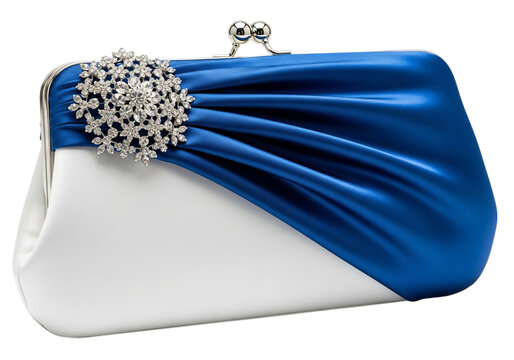 Elegant blue and white satin clutch purse with rhinestone embellishment isolated on transparent background