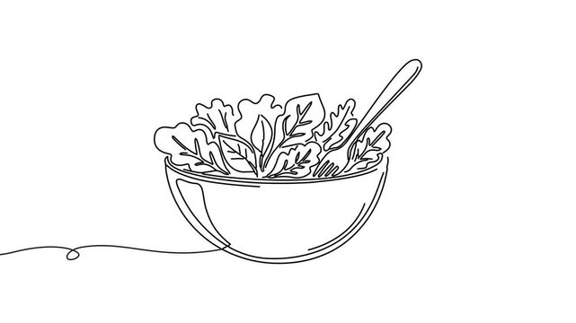 Animation of line drawing of a bowl of salad with leafy shapes, symbolizing healthy choices, balance, and daily meals.