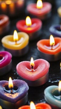 Colorful heart-shaped candles flickering in a warm ambiance create a cozy atmosphere for relaxation and celebration, perfect for romantic moments or serene wellness occasions.