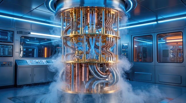 Quantum computer processor core glowing inside cryogenic cooling chamber, intricate metal pipes and copper wiring connections, cold vapor cloud filling laboratory room, bright blue light illumination.