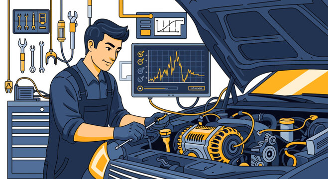 Skilled Mechanic Performing Engine Diagnostics and Repair Work