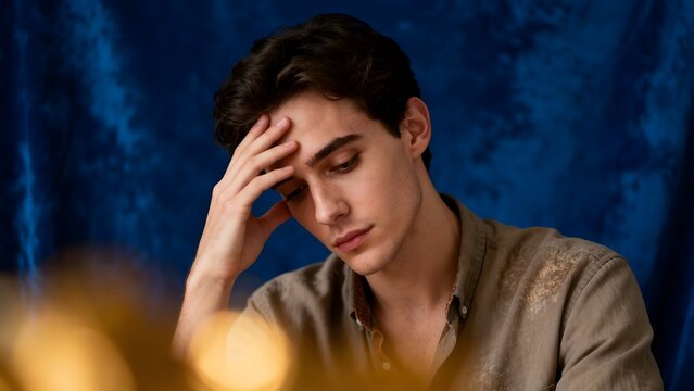 Man with hand on forehead against blue background