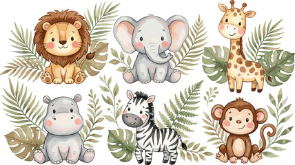 Cute Baby Safari Animal Watercolor Vector Illustration Set with Lion Elephant Giraffe Zebra Monkey and Tropical Jungle Leaves for Nursery Wall Art and Kids Stationery Designs © Fahim