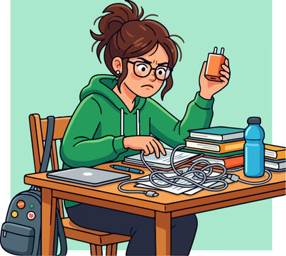 Girl with glasses studying hard.
