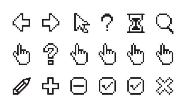 Assorted pixel art interface icons including cursors arrows and selection tool symbols.