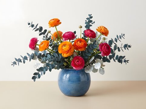 Vibrant ranunculus bouquet in blue ceramic vase studio lighting