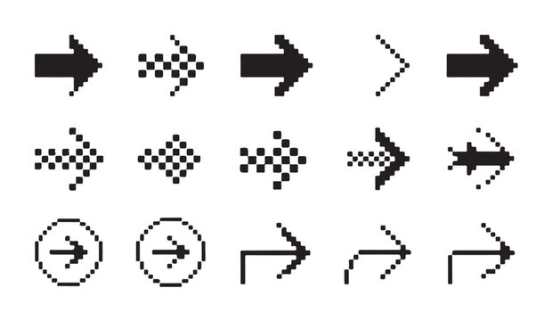 Right pointing pixel arrow icons in different styles for web navigation and digital media.
