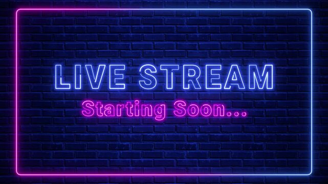 live stream starting soon neon lights text on blue brick wall animation, streaming and broadcasting social media motion design element