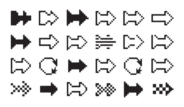 Pixelated arrow shapes and pointers for digital interfaces and designs.