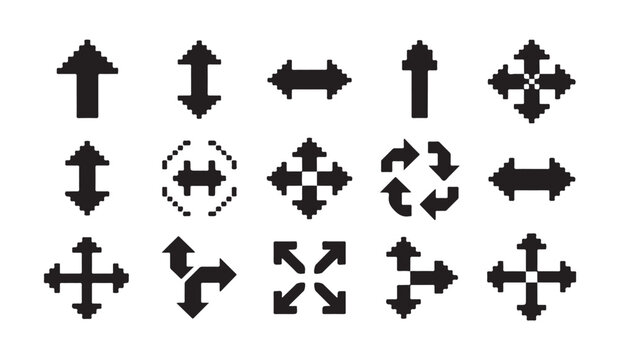 Diverse set of pixelated arrows and directional symbols for graphic design.
