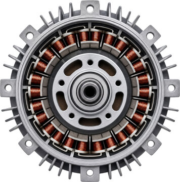 Electric motor stator with copper coils isolated on transparent background