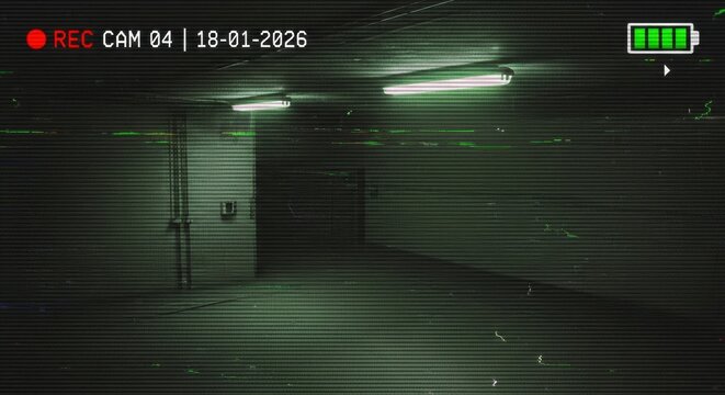 CCTV Security Camera Footage of Dark Abandoned Hallway with VHS Glitch