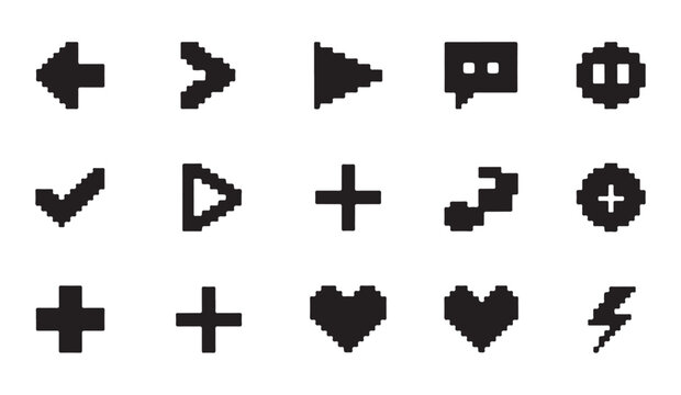 Pixel art icons set arrow chat pause play plus heart lightning bolt shapes symbols.