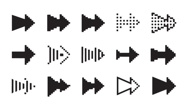 Pixel art arrow collection for fast forward and skip media player controls and web design.