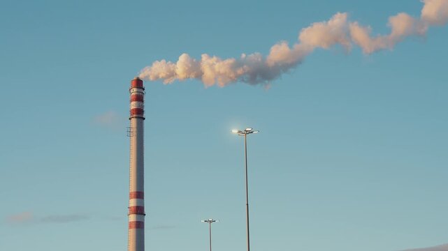 Industrial Smokestack Emitting Smoke Air Pollution Into The Sky. District heating boilers, Bioenergy