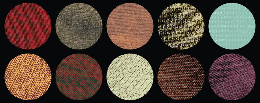Vintage circular vector texture sample collection.Colorful material surface detail texture.Artistic fabric texture swatches for poster,branding,overlay,typography etc.