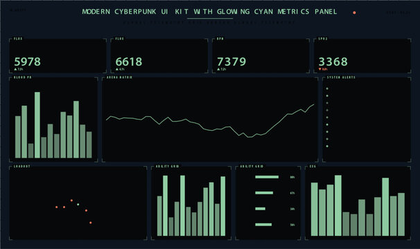 Modern cyberpunk ui kit with glowing cyan metrics panel dashboard interface vector illustration