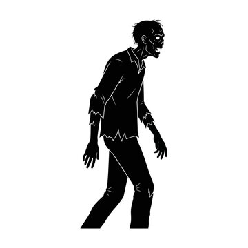 Silhouette of a walking zombie with tattered clothes and glowing eyes