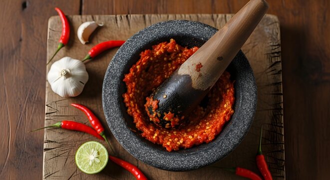 Authentic Sambal Ulek Chili Paste in Stone Mortar with Fresh Ingredients on Rustic Wood