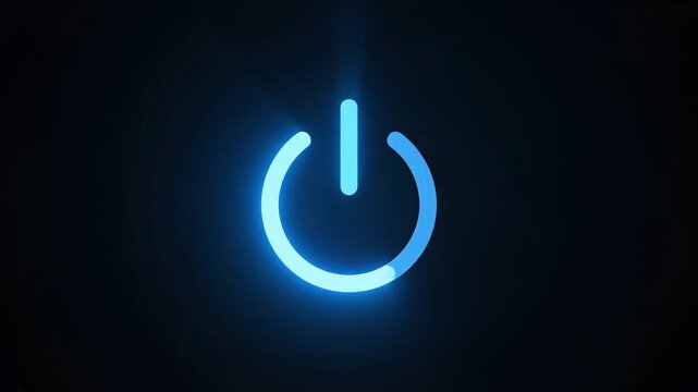 Neon blue glowing power button icon animation with pulsing light effects on a dark background