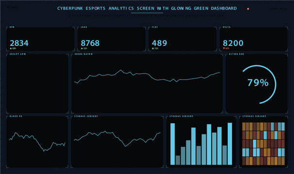 Cyberpunk esports analytics dashboard with glowing data visualization interface vector illustration
