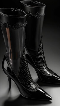 Luxury Black Patent Leather Knee High Boots with Woven Detail
