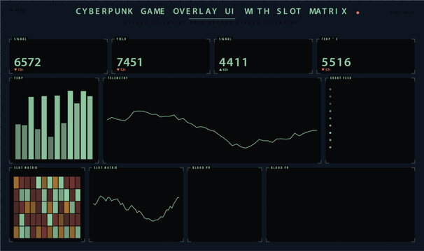 Cyberpunk game overlay ui with slot matrix and data visualization dashboard vector illustration