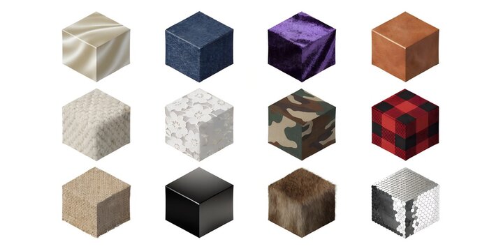 Diverse Fabric and Textile Surface Collection Wrapped on Isometric Blocks Featuring Woven Knit Printed and Specialty Material Textures on White Background for Fashion and Game Design Reference