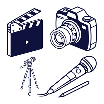 Movie clapperboard camera studio microphone handheld mic for media production with content creation