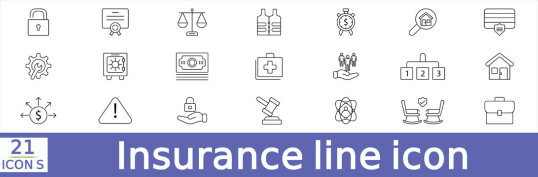  Insurance line icons set with policy,disability, insurance, retirement, agent, approval, Simple vector illustration