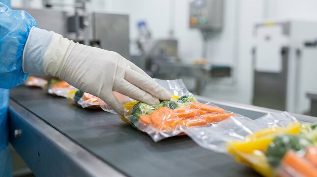 Worker in blue protective uniform and white gloves checking vacuum sealed bags of fresh vegetables on conveyor belt at food processing factory showing industrial quality inspection.