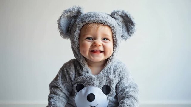Adorable baby dressed as a koala, smiling and exuding joy in a cozy grey outfit, capturing delightful moments filled with cuteness and warmth for every parent.