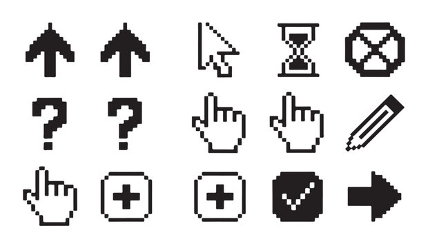 Classic computer interface cursor and utility icon set in retro 8-bit pixel art aesthetic.