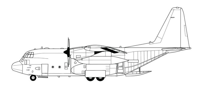 C-130 Hercules Military Cargo Aircraft Line Drawing