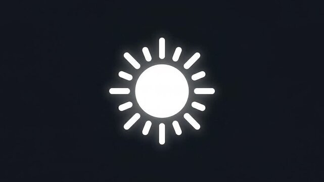 Minimalist sun brightness icon animation with a glowing white solar symbol scaling up on a dark background