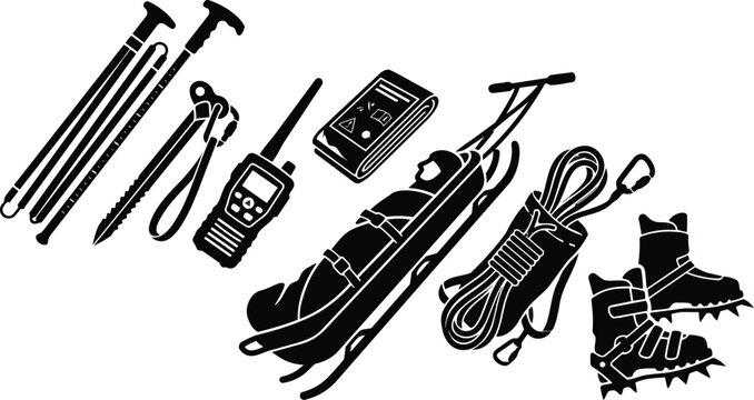 Mountaineering equipment and search rescue tools including heavy duty sled gear radio walkie talkie climbing rope crampons and poles designed as a professional black silhouette graphic collection on t
