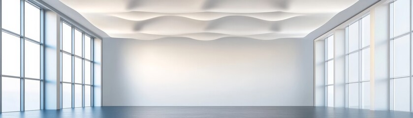 Bright, minimalist interior with sculptural wavy ceiling, expansive floor-to-ceiling windows and a pristine empty gallery concept. modern, architecture