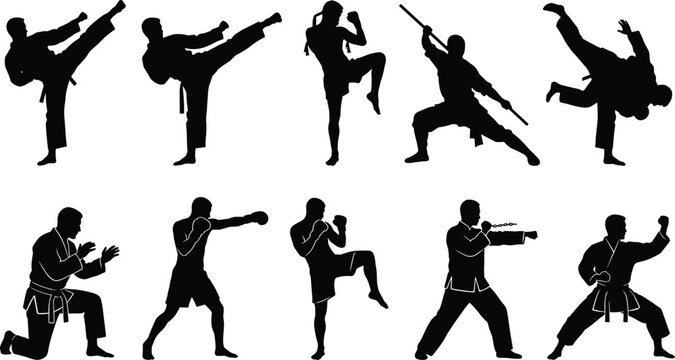 Silhouette martial arts action poses and fighting stances of diverse combat sports like karate, taekwondo, kickboxing, and boxing for graphic design and illustration elements