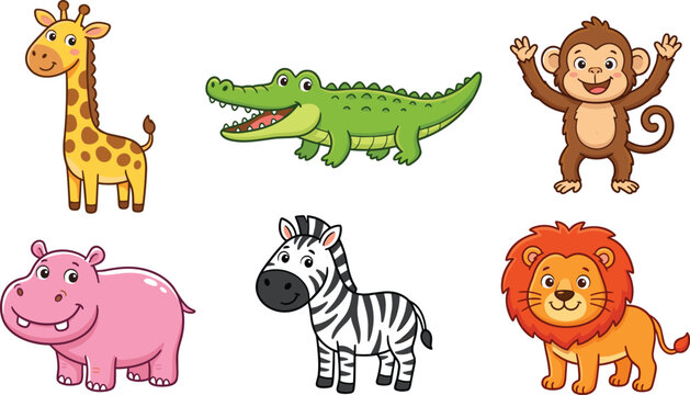 Cute Cartoon Safari Animal Vector Illustration Set Featuring Lion Zebra Giraffe Hippo Monkey and Crocodile for Kids Nursery Decor and Children Educational Graphic Designs
