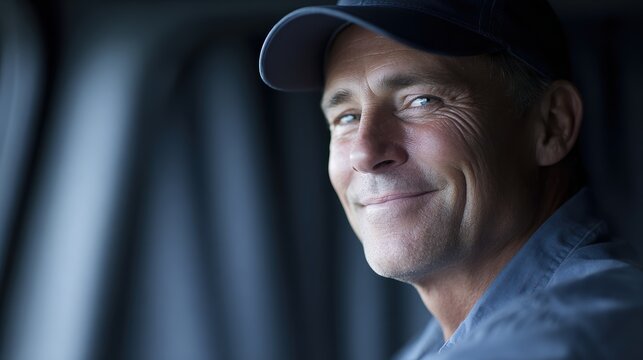 professional truck driver smiling inside truck cabin long haul transportation concept