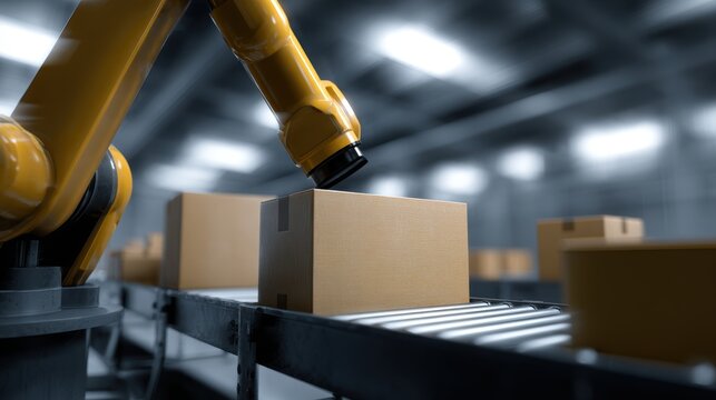 3d robotic arms sorting and stacking cardboard boxes in automated warehouse environment