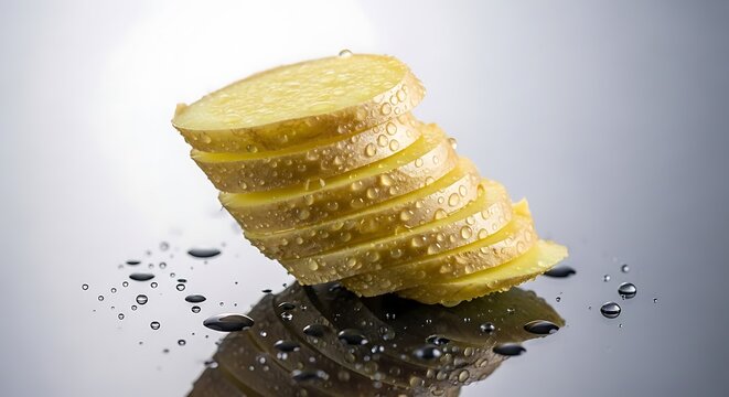 Fresh green apple slices stacked neatly with water droplets on a smooth dark surface. gember