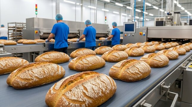 Workers in hygienic blue caps placing freshly baked loaves of bread onto a conveyor belt in a large, modern industrial bakery.
