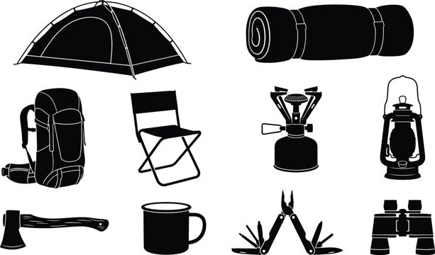 Camping and outdoor adventure equipment silhouettes including a tent, backpack, sleeping bag, chair, camping stove, lantern, axe, mug, multi-tool, and binoculars for exploration and recreation