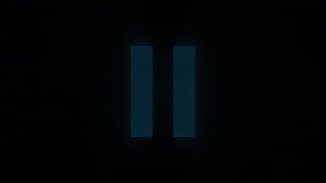 Glowing neon cyan pause icon icon animating with a smooth volumetric light pulse effect on a dark background