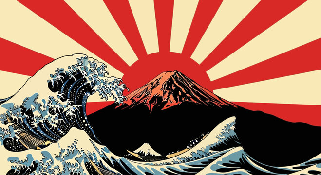 Mt Fuji and Ocean Wave with Rising Sun Japanese Style Illustration